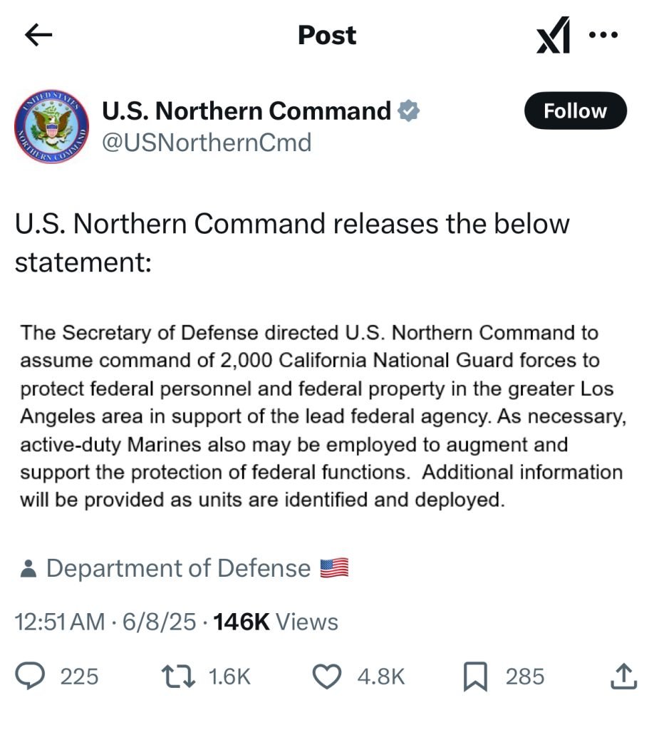 The US Northern Command announces it's intention to send active duly Marines to suppress American Citizens in Los Angeles, California.