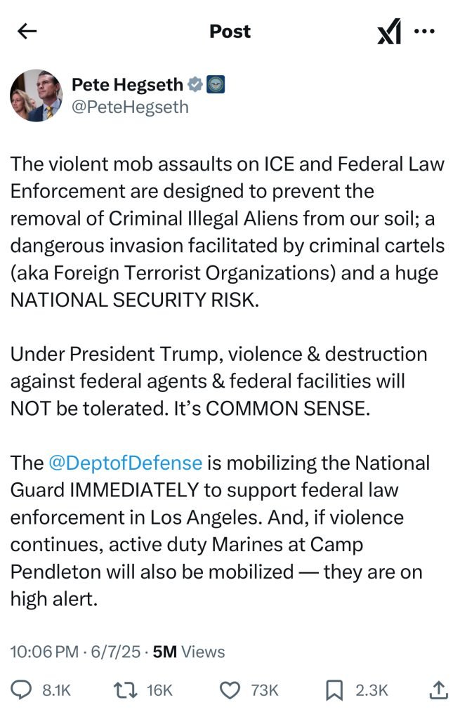 Pete Hagseth announces the use of active duty Marines to quell rioters in the city of Los Angeles, California.