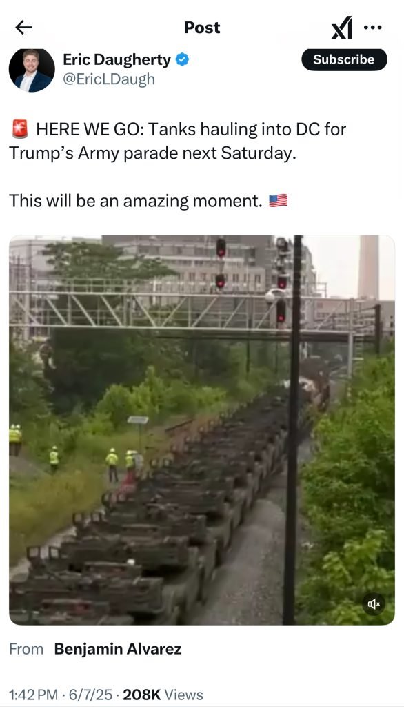 Eric Daugherty, a commentator on the social media app X, expresses his support of military tanks rolling down American streets.